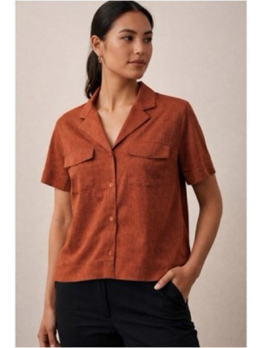NWT Athleta Short-Sleeve Button-Down Shirt in Rust Orange